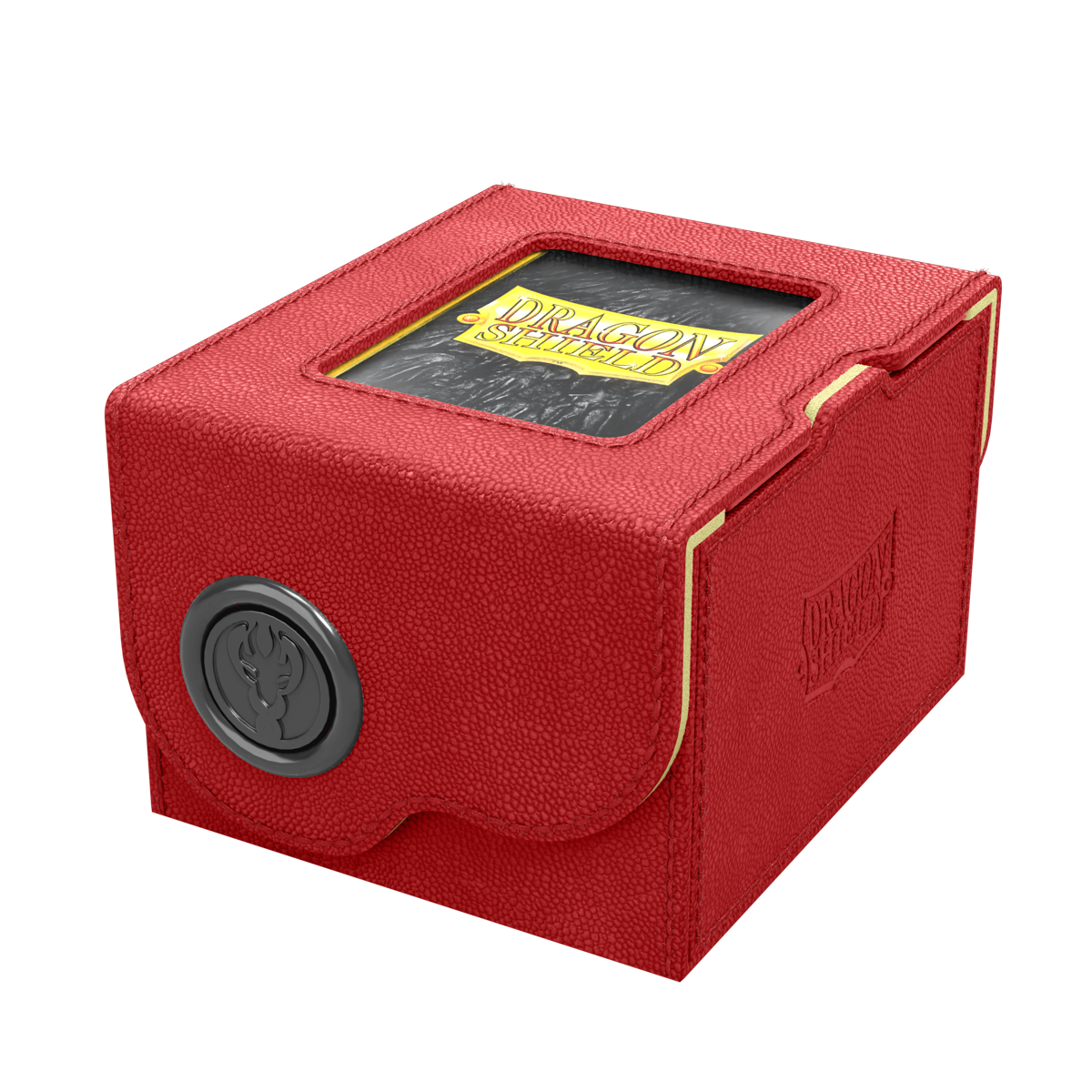 Dragon Shield Dragon Lock System: Deck Box 150+ - Red & Lemon (PREORDER) - Red textured rectangular deck box with black circular lock and clear top window displaying Dragon Shield logo.