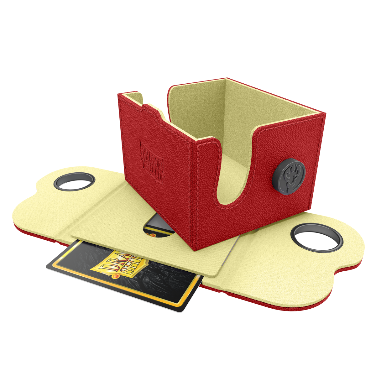 Dragon Shield Dragon Lock System: Deck Box 150+ - Red & Lemon (PREORDER) - Red textured deck box with yellow interior, black round lock, holding trading cards with a fold-over flap open.
