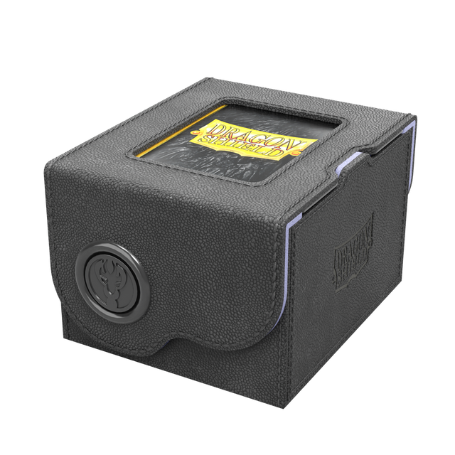 Dragon Shield Dragon Lock System: Deck Box 150+ - Black & Lilac (PREORDER) - Black textured rectangular deck box with lilac accents and a transparent window on top, featuring a circular secure lock.