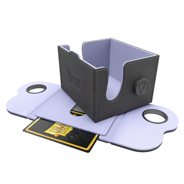 Dragon Shield Dragon Lock System: Deck Box 150+ - Black & Lilac (PREORDER) - Black and lilac rectangular deck box with textured exterior, open flat to reveal lilac interior and card slots.