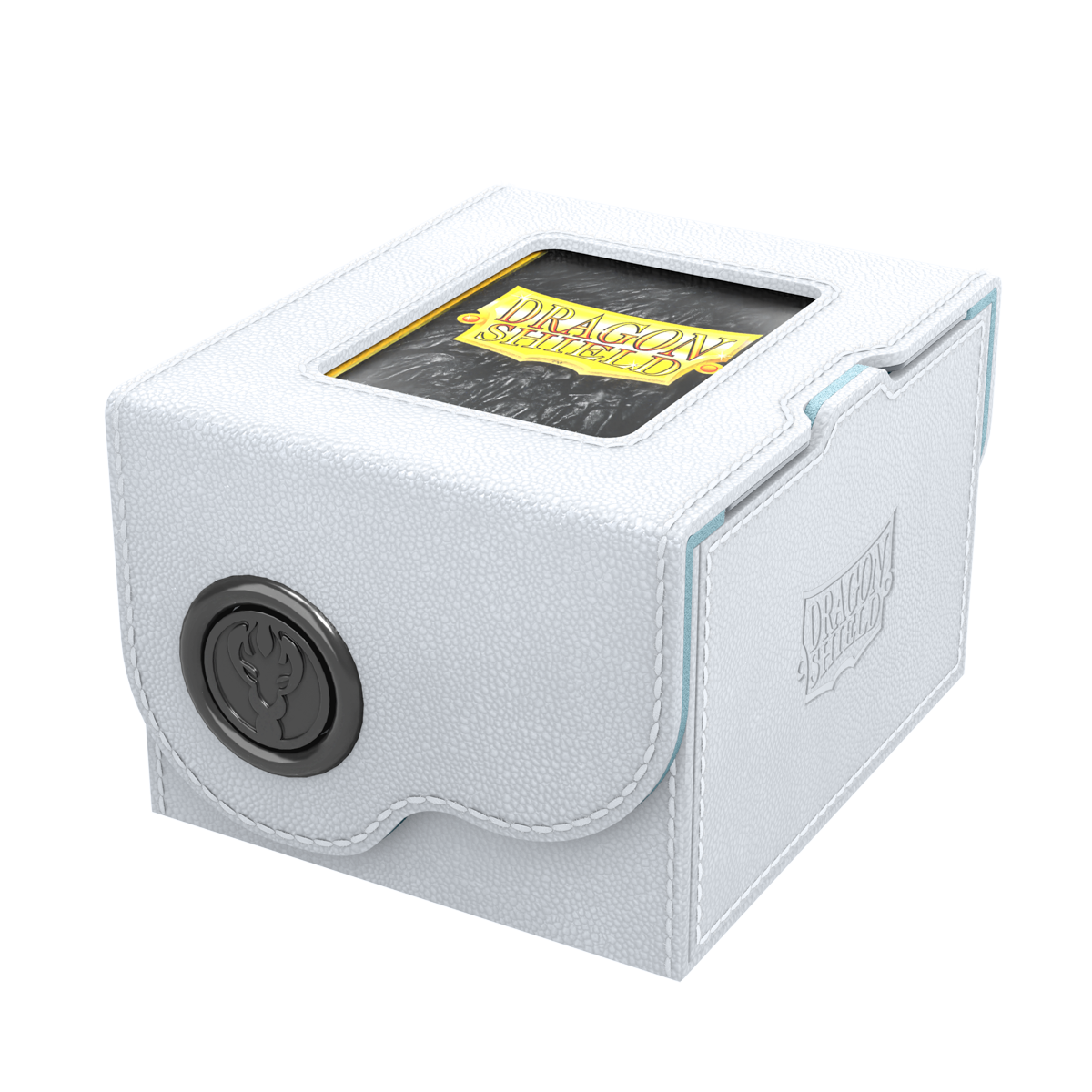 Dragon Shield Dragon Lock System: Deck Box 150+ - White & Aqua (PREORDER) - White and aqua Dragon Shield Dragon Lock deck box with clear top window and round black lock button.