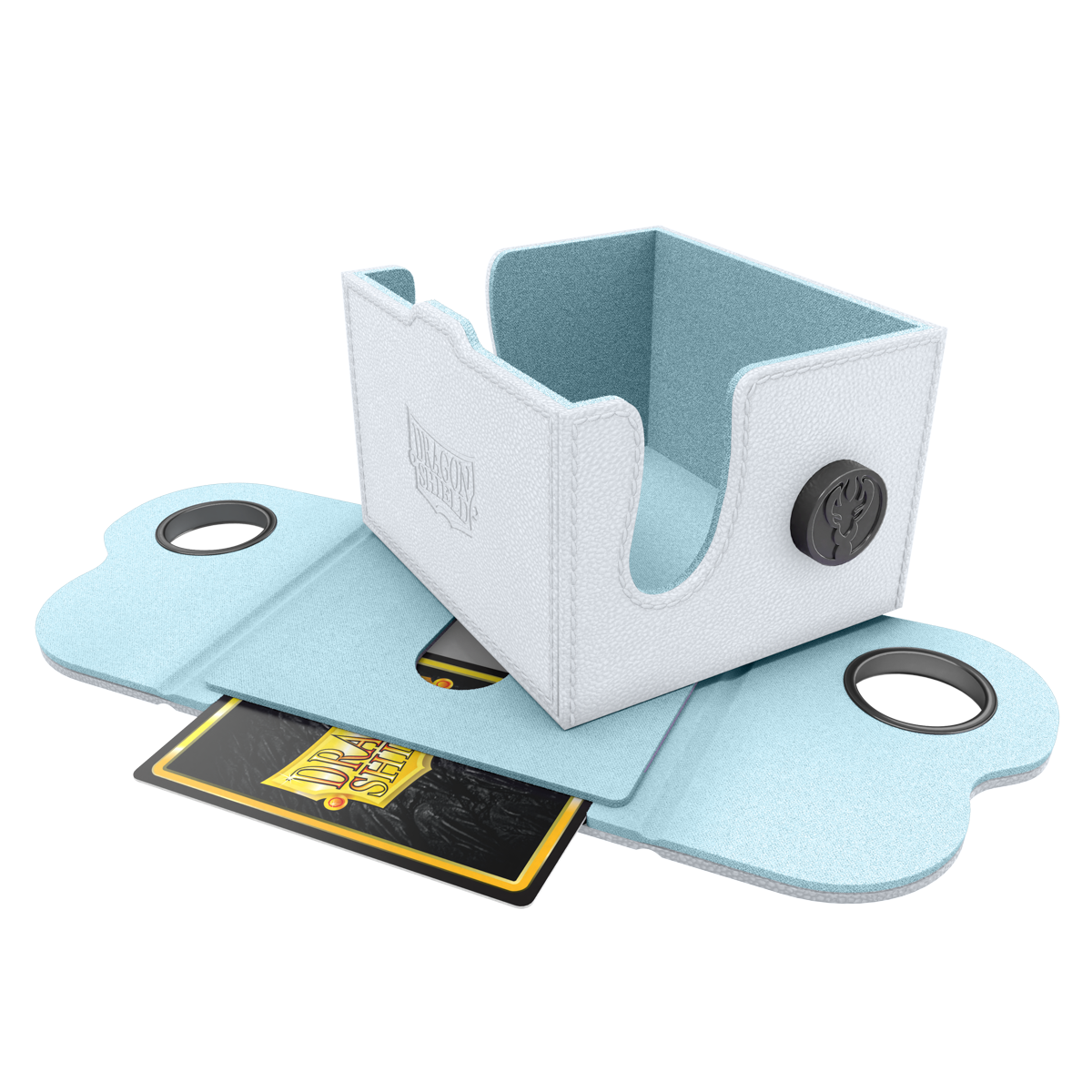 Dragon Shield Dragon Lock System: Deck Box 150+ - White & Aqua (PREORDER) - White and aqua rectangular card deck box with secure locking system and textured finish.