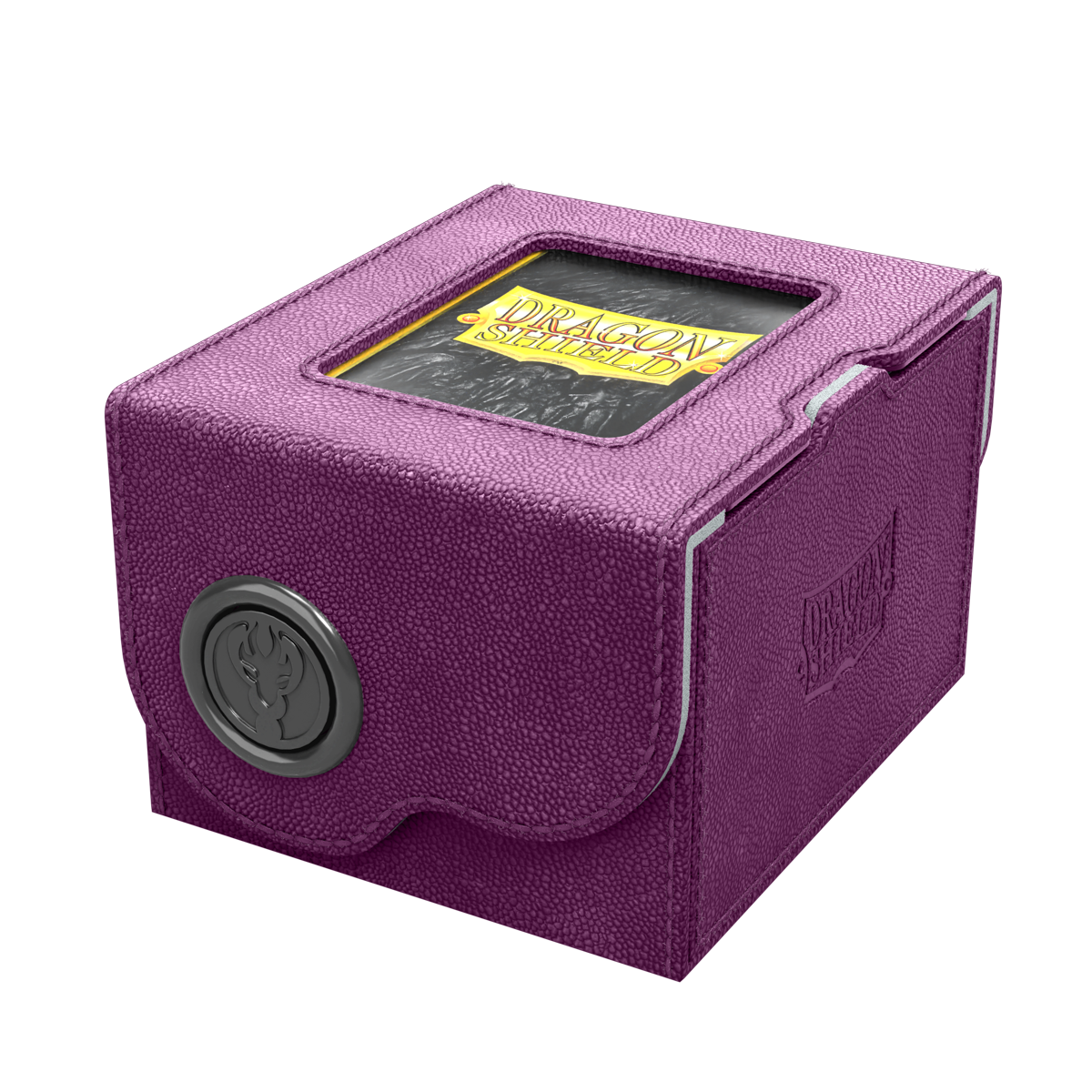 Dragon Shield Dragon Lock System: Deck Box 150+ - Purple & Frost (PREORDER) - Purple textured rectangular deck box with a frosted window displaying Dragon Shield logo, circular lock button on front.