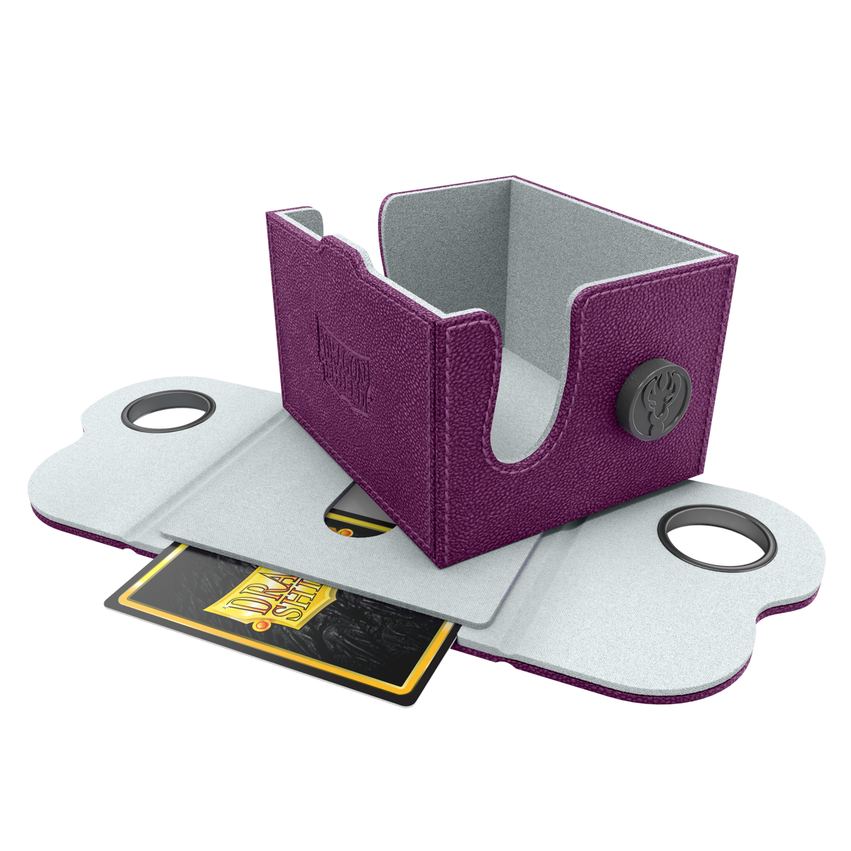 Dragon Shield Dragon Lock System: Deck Box 150+ - Purple & Frost (PREORDER) - Purple leatherette deck box with gray interior, wide flap lid, round black locking buttons, holding over 150 cards including