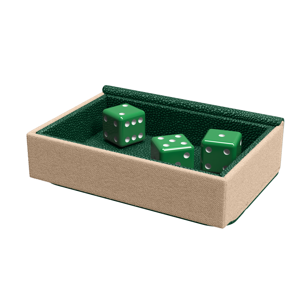 Dragon Shield Dragon Lock System: Dragon Tray - Green & Sand (PREORDER) - Rectangular dice tray with sand-colored exterior and dark green, textured interior, holding three green dice with white dots.