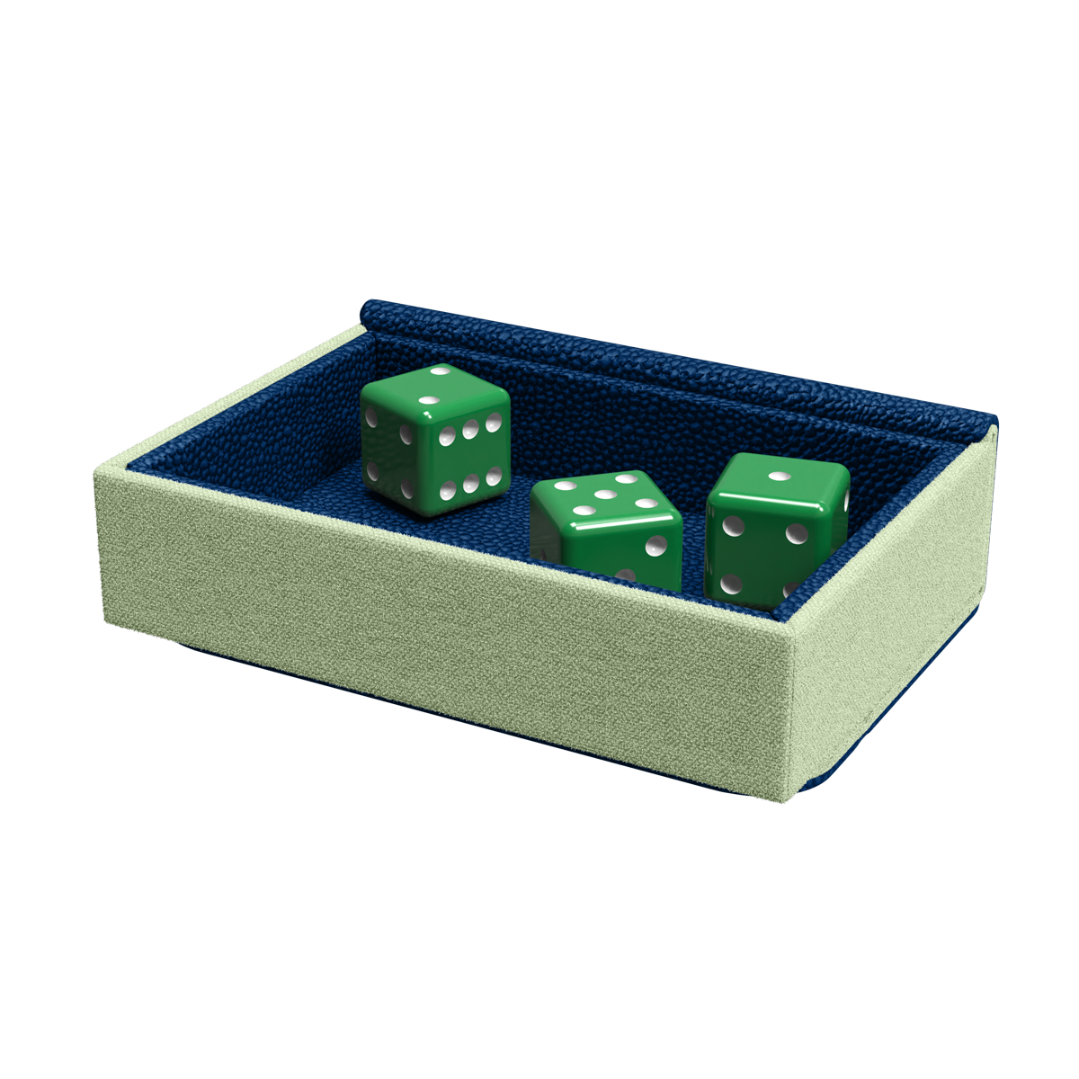 Dragon Shield Dragon Lock System: Dragon Tray - Blue & Mint (PREORDER) - Rectangular dice tray with blue interior and mint green exterior, holding three green six-sided dice with white dots.