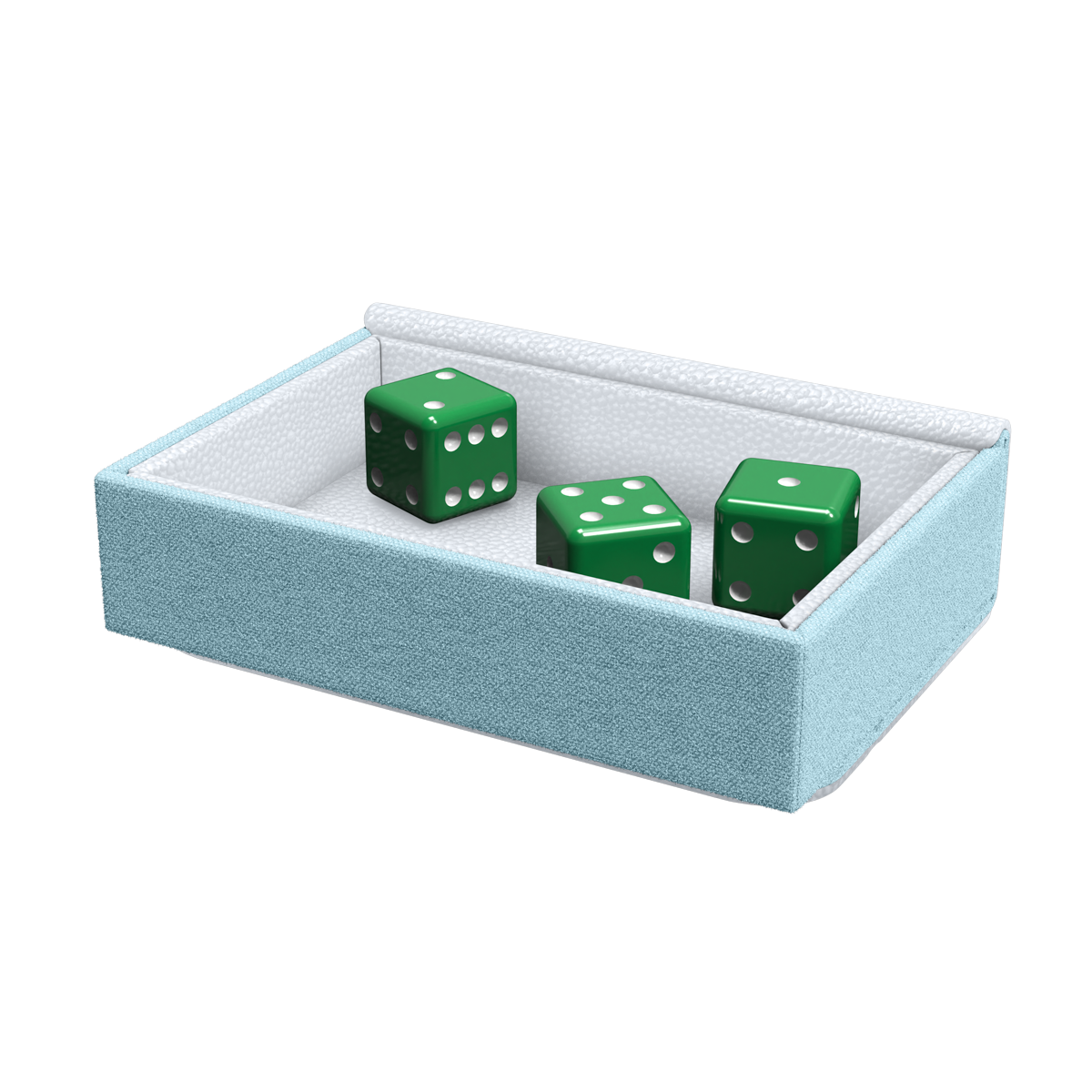Dragon Shield Dragon Lock System: Dragon Tray - White & Aqua (PREORDER) - Rectangular dice tray with white interior and aqua-textured exterior, holding three green six-sided dice with white pips.
