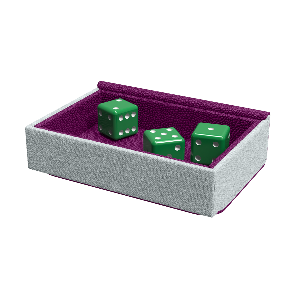 Dragon Shield Dragon Lock System: Dragon Tray - Purple & Frost (PREORDER) - Rectangular dice tray with purple velvet interior and frosted gray exterior, holding three green six-sided dice.