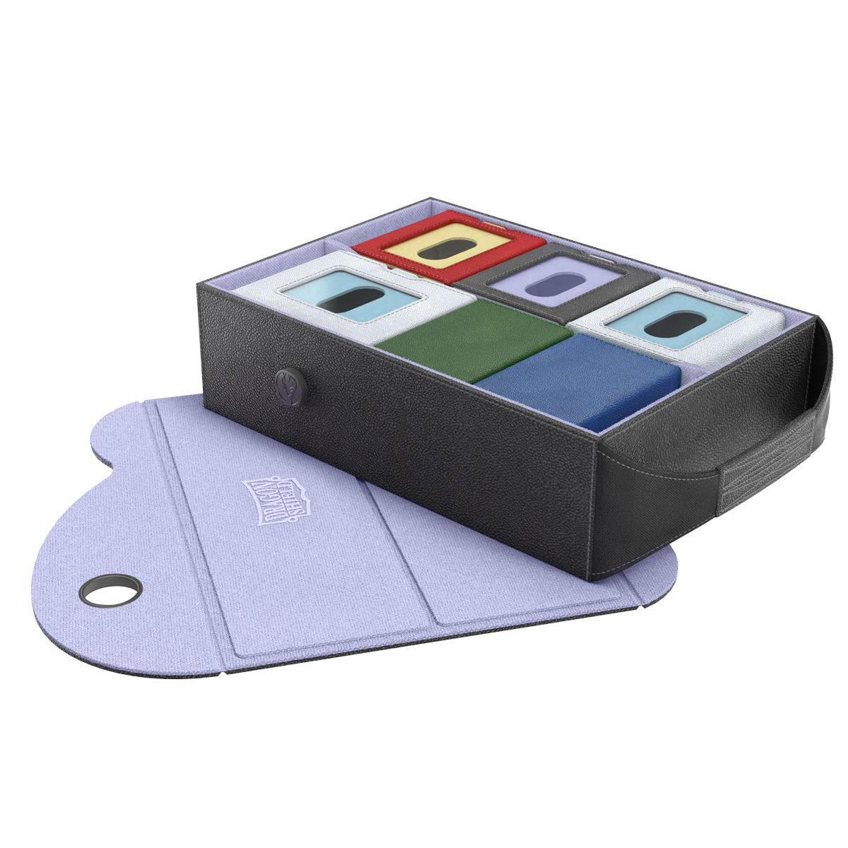 Dragon Shield Dragon Lock System: Dragon Vault - Black & Lilac (PREORDER) - Black rectangular card storage box with lilac flap, holding colorful card sleeves in blue, green, purple, red, and yellow.