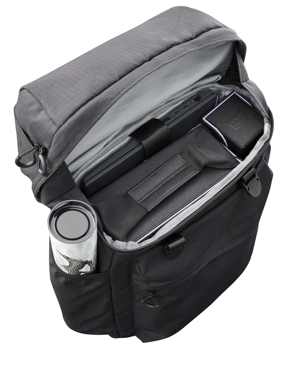 Dragon Shield Dragon Lock System: Dragon Pack - Black & Grey (PREORDER) - Black and grey fabric backpack with open top showing padded laptop compartment and mesh water bottle pocket.