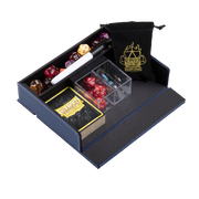 Dragon Shield RPG - Dice Companion - Midnight Blue - Midnight blue faux leather dice companion with compartments holding assorted polyhedral dice, cards, and a black drawstring.