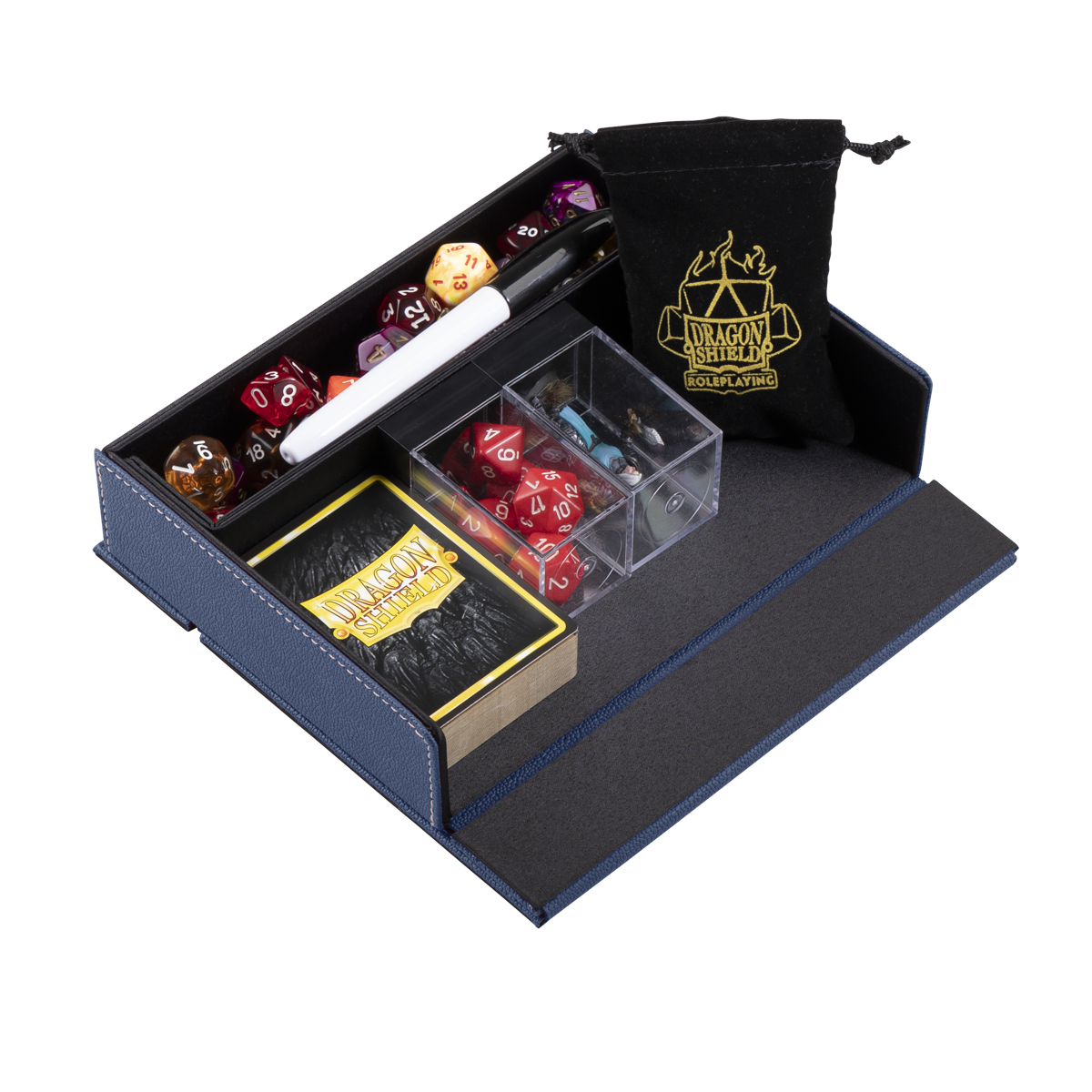 Dragon Shield RPG - Dice Companion - Midnight Blue - Midnight blue faux leather dice companion with compartments holding assorted polyhedral dice, cards, and a black drawstring.