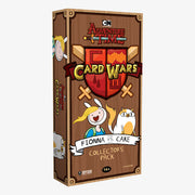 Adventure Time Card Wars: Fionna vs. Cake, Collector's Pack - Adventure Time Card Wars collector’s pack box with brown wood texture, red shield logo, and characters Fionna and Cake.