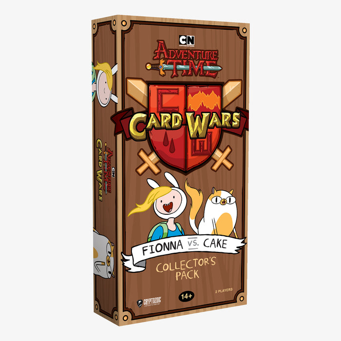 Adventure Time Card Wars: Fionna vs. Cake, Collector's Pack - Adventure Time Card Wars collector’s pack box with brown wood texture, red shield logo, and characters Fionna and Cake.