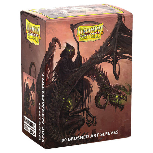 Deck Protector: Dragon Shield: Art: Brushed: Halloween 2025 (100) - Deck protector sleeves box with dark fantasy dragon and Halloween-themed art in black and orange tones, labeled Dragon.