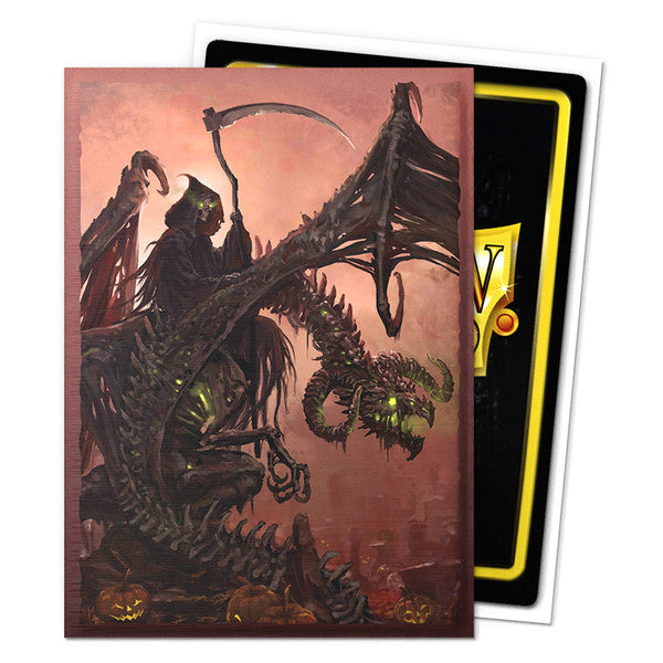 Deck Protector: Dragon Shield: Art: Brushed: Halloween 2025 (100) - Deck protector featuring dark dragon with glowing green eyes and skeletal wings on reddish Halloween background.