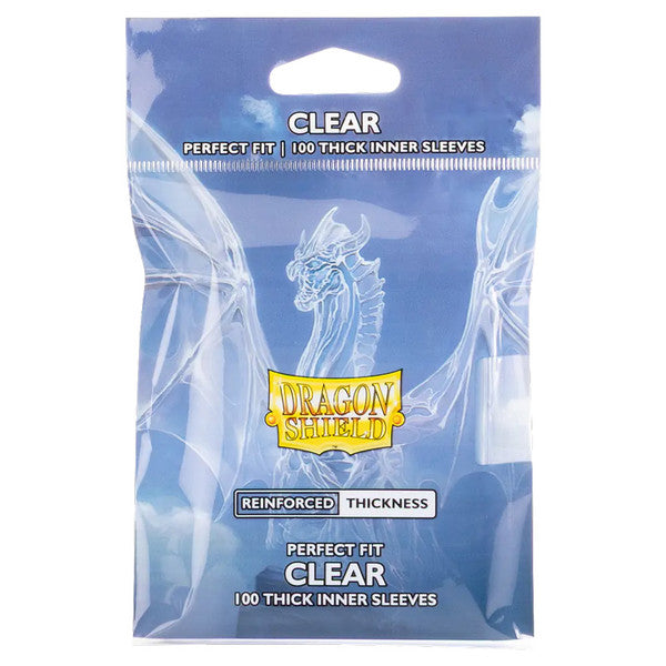 Dragon Shield Perfect Fit Inner Sleeves: Thick - Clear - Blue and clear plastic packaging with Dragon Shield logo, containing 100 clear thick inner card sleeves.