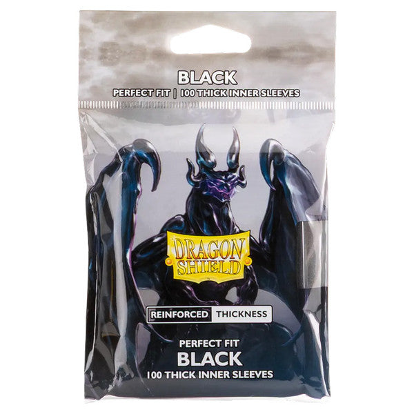 Dragon Shield Perfect Fit Inner Sleeves: Thick - Black - Black thick card sleeves packaging featuring a blue horned dragon illustration and yellow Dragon Shield logo.