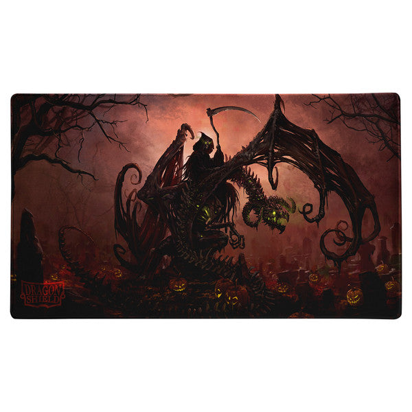 Playmat + Tube: Halloween 2025 - Dark Halloween playmat featuring a grim reaper riding a winged dragon with glowing green eyes and jack-o’-lanterns scattered