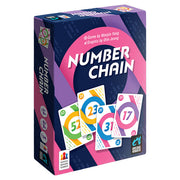 Number Chain (PREORDER) - Number Chain card game box in purple and pink with colorful numbered cards (2, 17, 31, 52) displayed on the front.