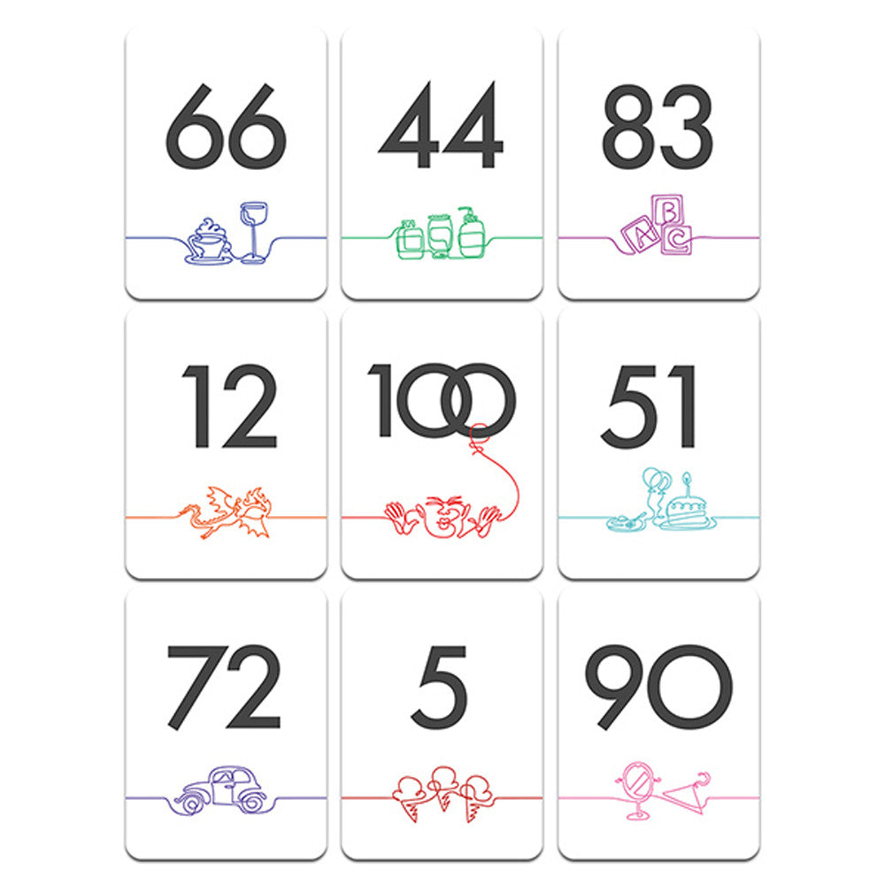 Ito - Stack of nine rectangular game cards with large black numbers and small colorful illustrations of animals and objects at the