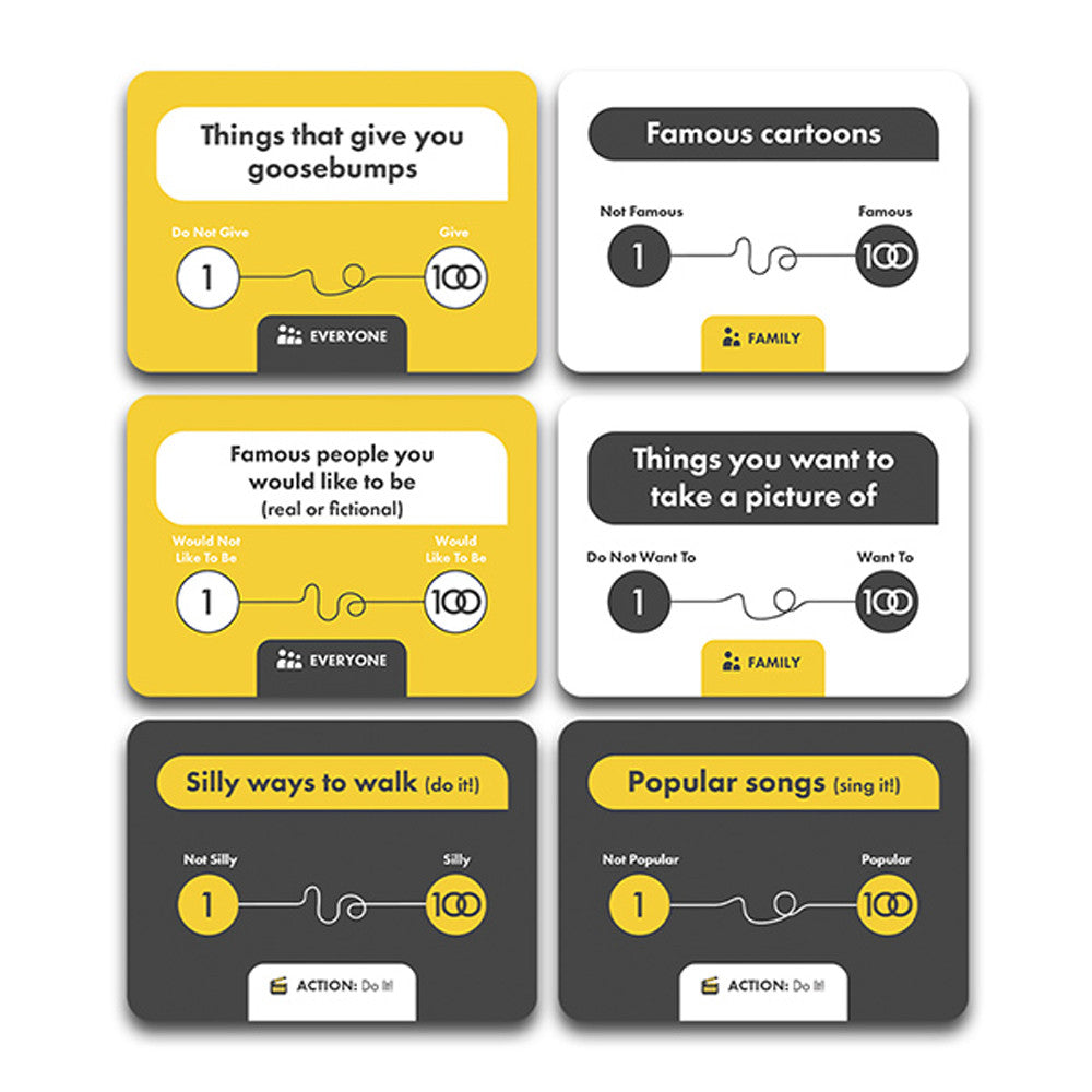 Ito - Set of eight small rectangular game cards with rounded corners, featuring black, white, and yellow backgrounds and playful.