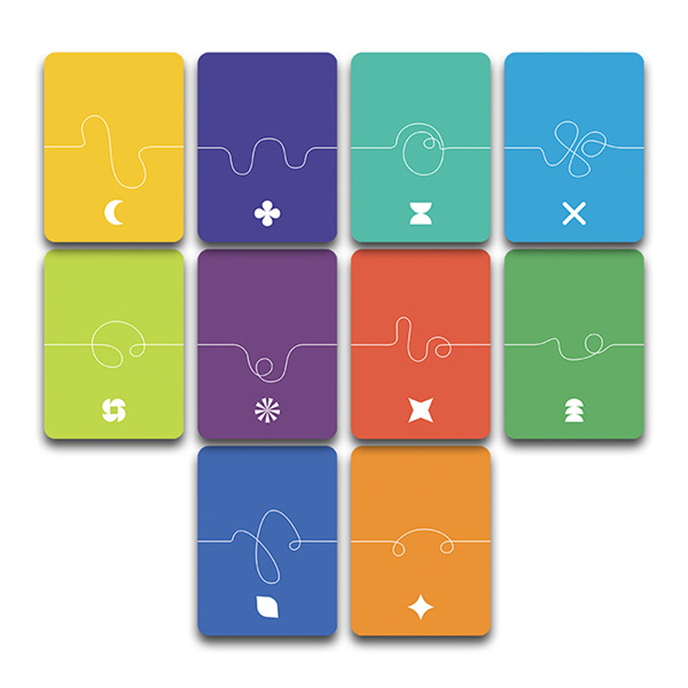 Ito - Colorful rectangular game cards with various simple white symbols like moon, flower, hourglass, and star on solid yellow,.