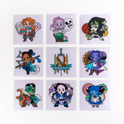 Critical Role - Mighty Nein Chibi Vinyl Decals - Nine colorful chibi vinyl decals featuring fantasy characters and a logo, each with distinct outfits and accessories on.
