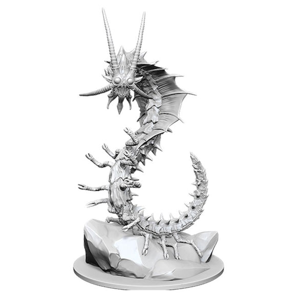 D&D Nolzur's Marvelous Miniatures: Adult Remorhaz - Unpainted gray plastic miniature of a serpentine creature with a spiked tail, multiple legs, and a horned, insect-like head.