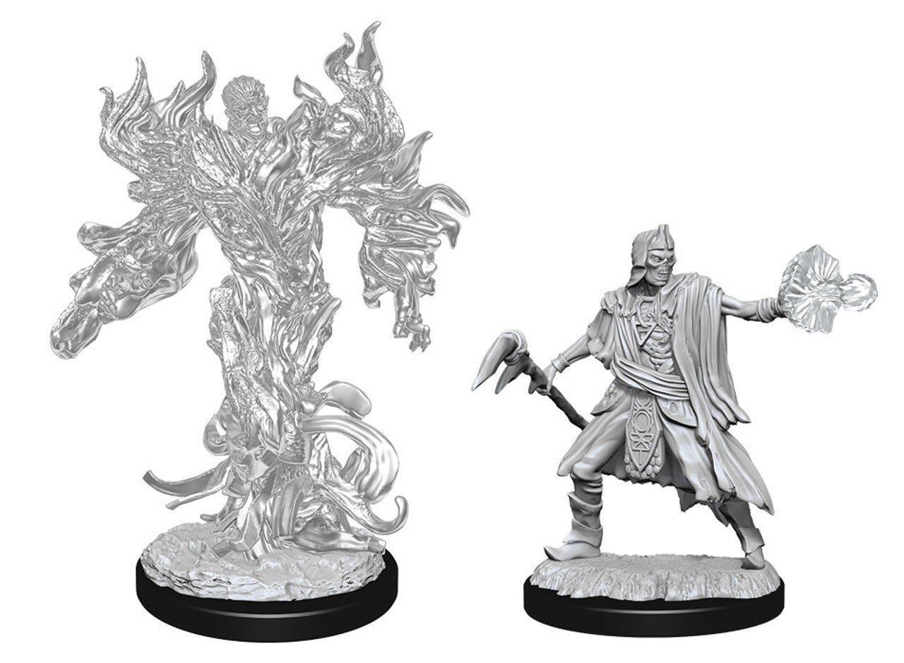 D&D: Nolzur's Marvelous Minis: Allip & Deathlock - Detailed unpainted resin miniatures of Allip ghostly wraith and robed Deathlock wizard casting spell.