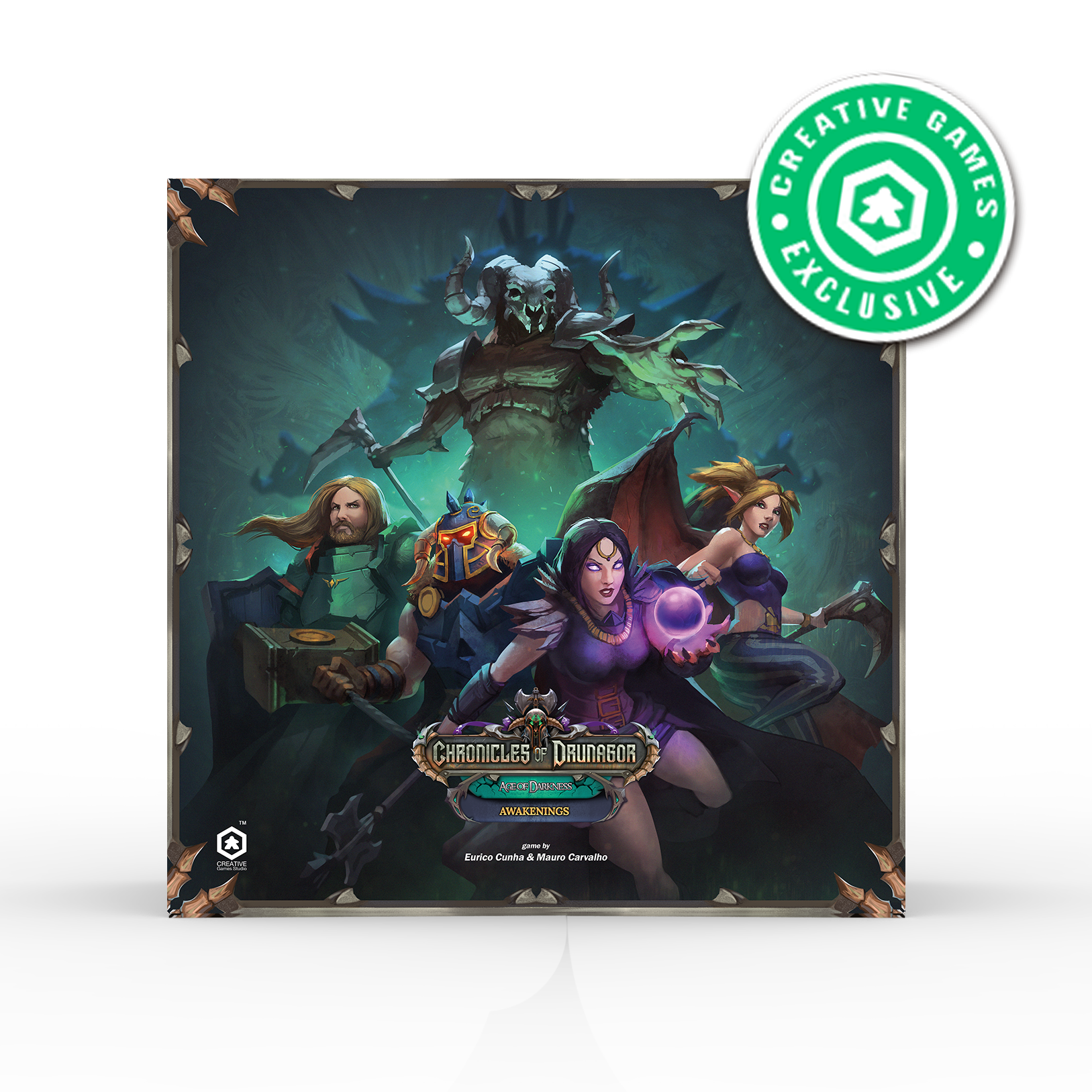 Chronicles of Drunagor: Age of Darkness - Awakenings Expansion (PREORDER) - Dark fantasy board game box with four characters, including a mage casting a purple spell and a menacing armored figure in.