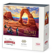 Boardwalk 500 Piece Puzzle: Arches - Boardwalk 500-piece puzzle featuring colorful Arches National Park landscape with red rock formations and blue sky.