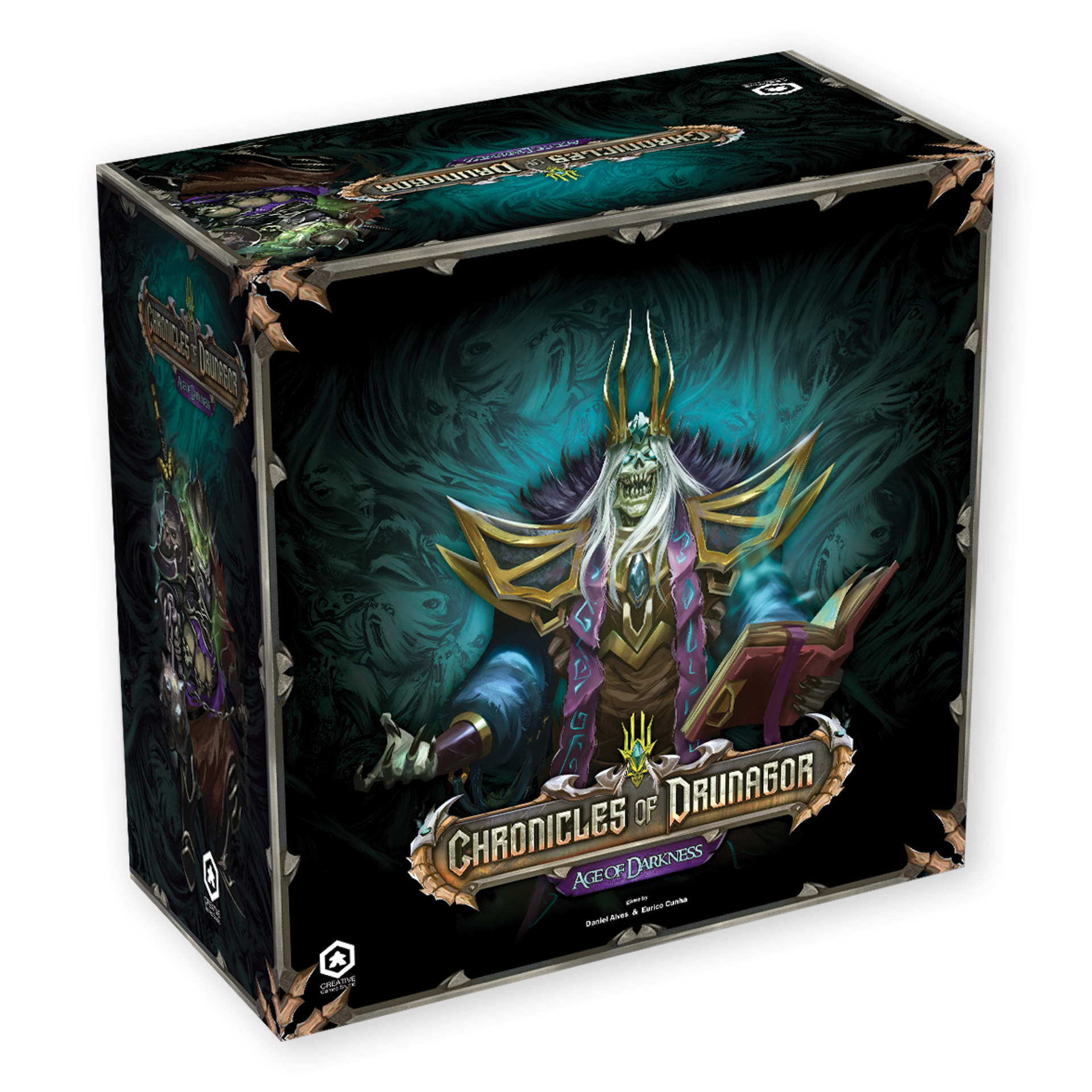 Chronicles of Drunagor: Age of Darkness - Core Game v.2 (PREORDER) - Dark fantasy-themed board game box with an armored horned warrior holding a book, detailed artwork in teal and purple tones.