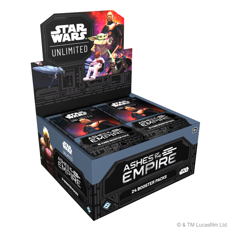 Ashes of the Empire Booster Box (PREORDER) - Star Wars Unlimited Ashes of the Empire booster box with rectangular black packaging and colorful character art.