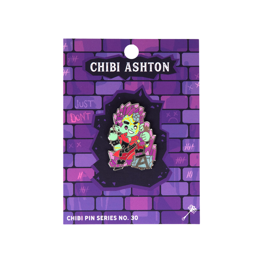 Critical Role Chibi Pin - Ashton Greymoore - Colorful enamel pin of a chibi character with green skin, purple hair, and red clothing against a purple brick background.