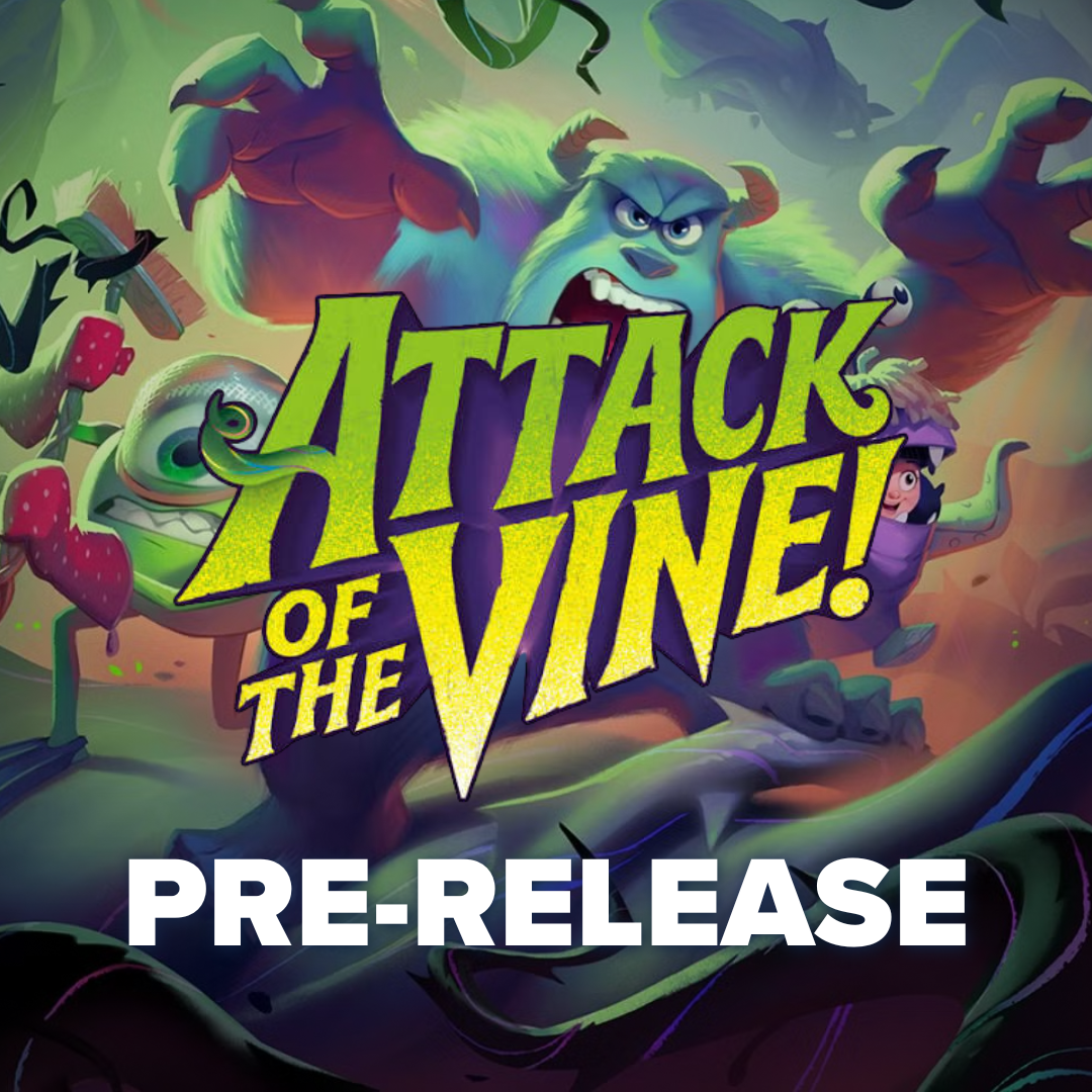 Lorcana Attack of the Vine Prerelease Event - Murray - Bold green and yellow "Attack of the Vine!" text with animated villainous plant creatures in a purple and green forest.