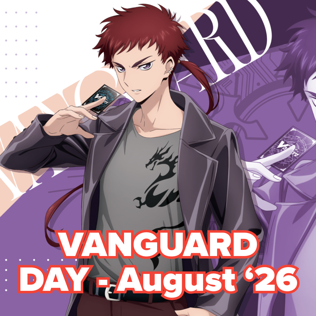 Vanguard Day! August 29th - Anime-style male character with red hair and dark gray jacket holding playing card, gray dragon emblem on shirt, purple.