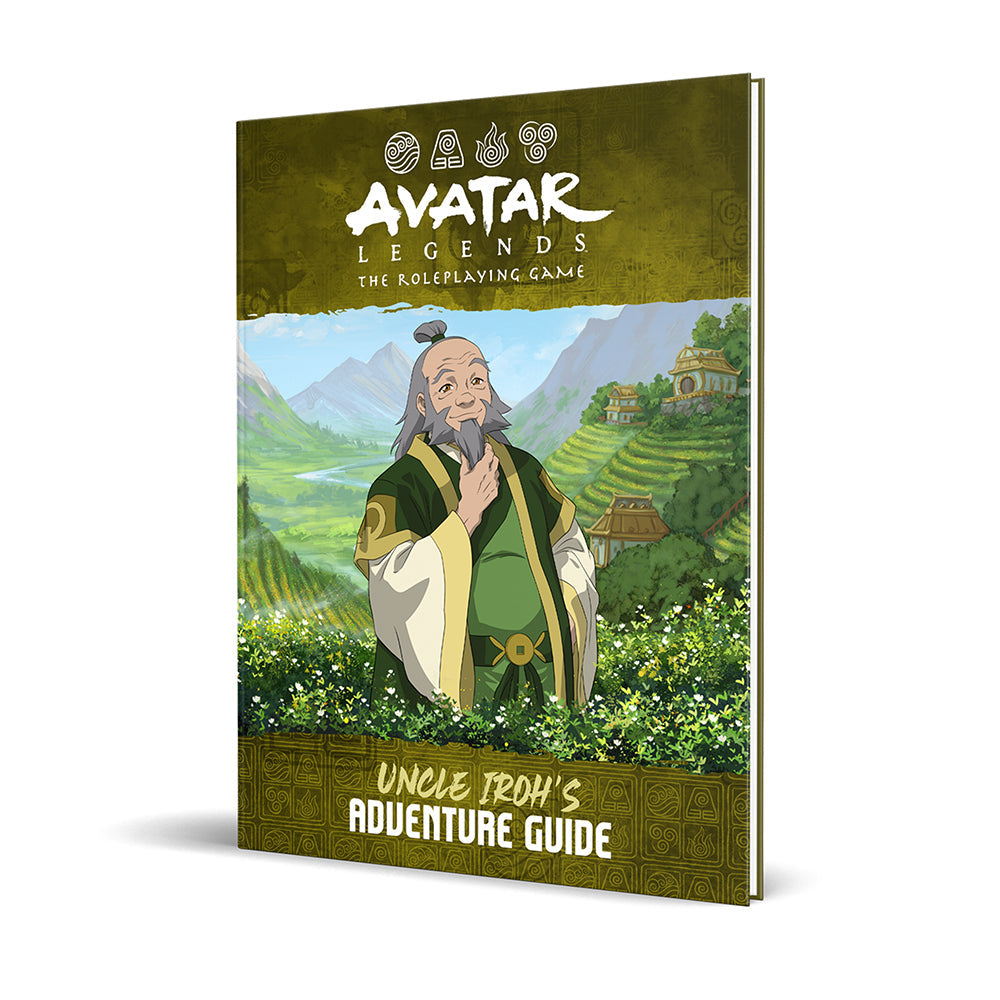 Avatar Legends RPG: Uncle Iroh's Adventure Guide - Green-covered RPG book titled Avatar Legends with illustration of Uncle Iroh in traditional robes against a mountain.