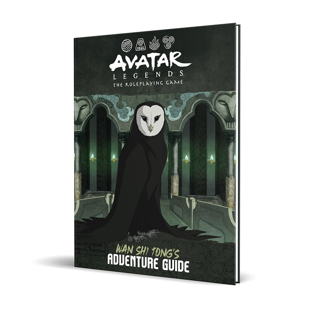 Avatar Legends RPG: Wan Shi Tong's Adventure Guide - Dark-themed RPG book cover featuring a stylized owl with white face and black cloak in a mystical ancient hall.