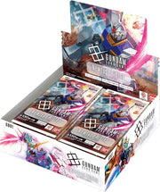 Gundam Card Game - New Type Rising Booster Display - Open display box containing multiple Gundam Card Game New Type Rising Booster packs with vibrant anime robot artwork and.