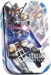 Gundam Card Game: Official Damage Counter Dice - Rectangular metal tin featuring Gundam robot artwork with blue, white, and gray tones and the text Gundam Card Game on the.