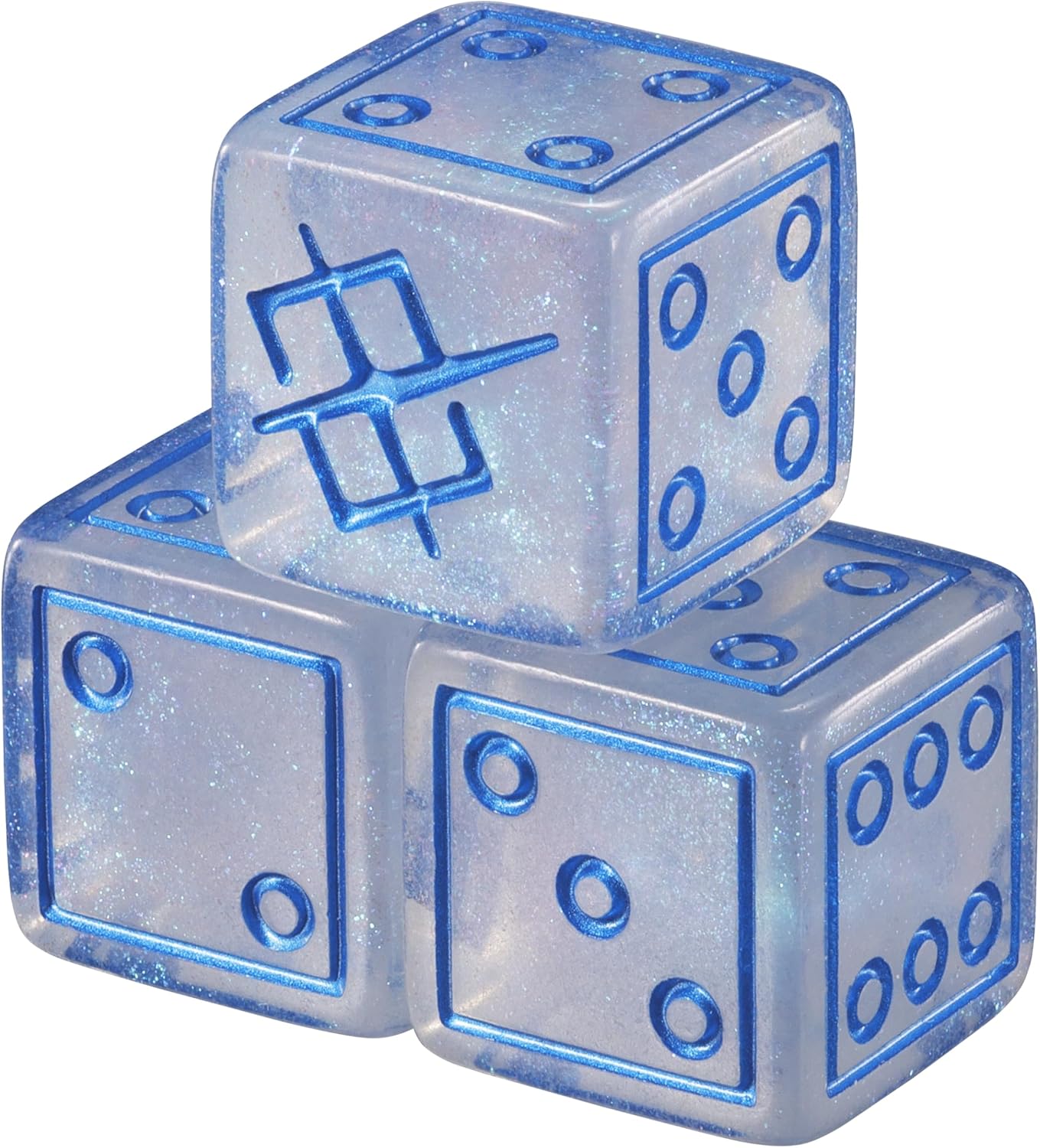 Gundam Card Game: Official Damage Counter Dice - Set of three translucent blue six-sided dice with rounded edges and pips for Gundam Card Game damage counter use.