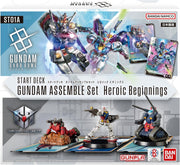Gundam Card Game - Heroic Beginnings Assemble Starter Set - Gundam Card Game Starter Deck box with dynamic blue and red mecha artwork, includes three Gundam figure cards displayed on.