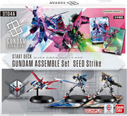 Gundam Card Game - SEED Strike Assemble Starter Set - Gundam Card Game SEED Strike Starter Set with three detailed Gundam figures on black bases and two illustrated collectible.