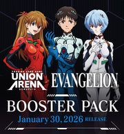 Union Arena: Evangelion New Theatrical Edition - Booster Display - Booster display box featuring three anime characters against black with Union Arena and Evangelion logos and release date.