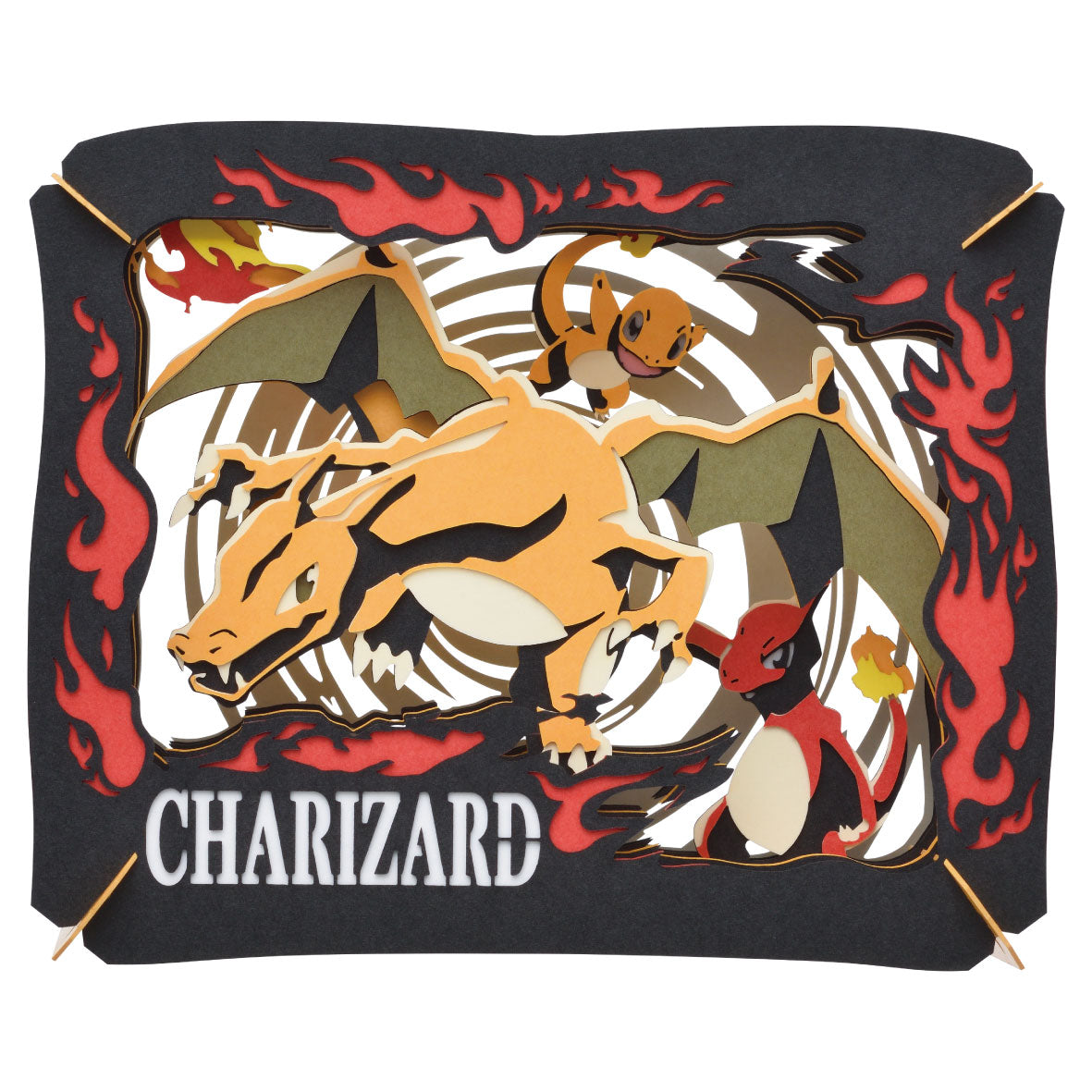Ensky Pokémon Paper Theatre - Charizard - Layered paper diorama featuring Charizard in orange and black with red flames and "CHARIZARD" text.