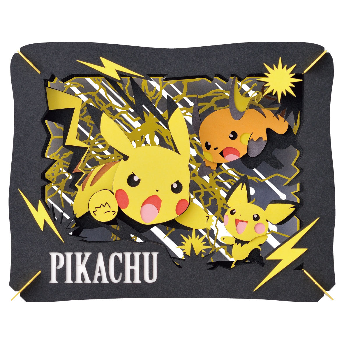 Ensky Pokémon Paper Theatre - Pikachu (PREORDER) - Black layered paper diorama featuring Pikachu, Pichu, and Raichu with yellow lightning bolts and "Pikachu" text.