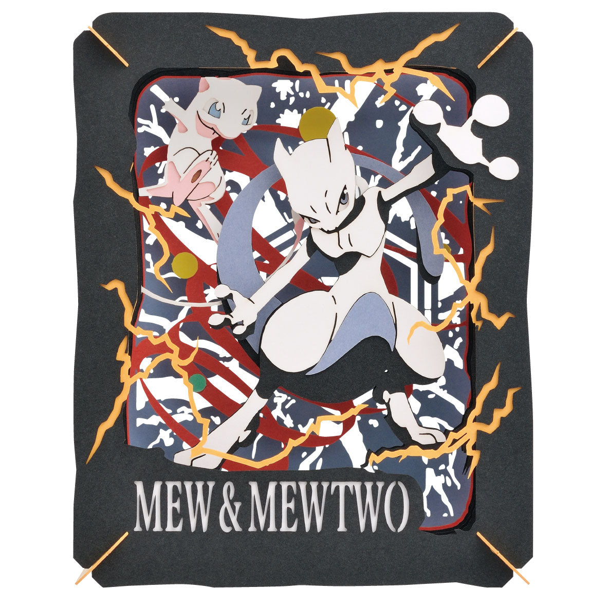 Ensky Pokémon Paper Theatre - Mew & Mewtwo - Black layered paper diorama featuring Mew and Mewtwo battling amid yellow lightning bolts.