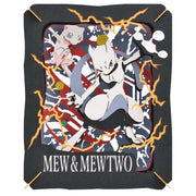 Ensky Pokémon Paper Theatre - Mew & Mewtwo - Black layered paper diorama featuring Mew and Mewtwo battling amid yellow lightning bolts.