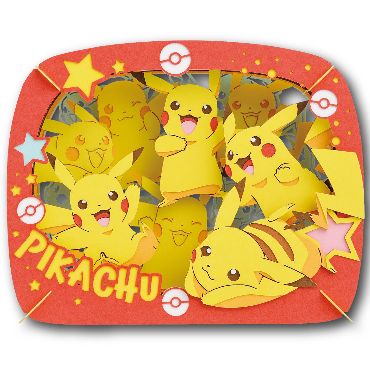 Ensky Pokémon Paper Theatre - Lots of Pikachu - Colorful layered paper diorama featuring multiple playful Yellow Pikachu characters with red cheeks inside a red frame.